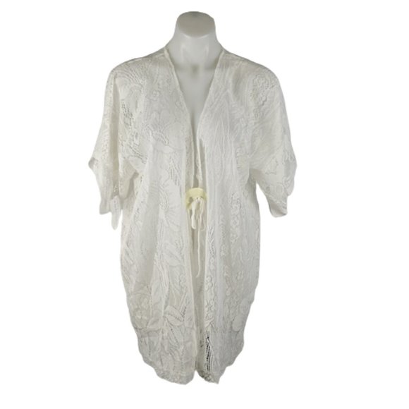 Other - Women's Cream Swimsuit Cover-up One Size Lace Sheer Button Tie Short Sleeve